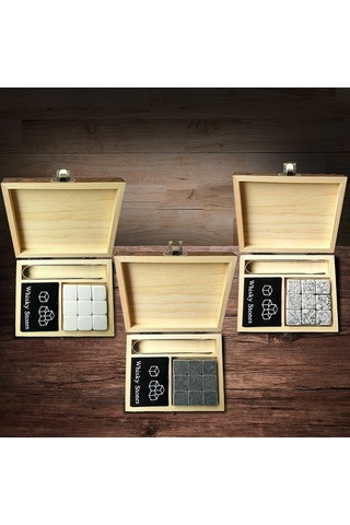 9pcs Viski Taş Seti Soğutma Taşları Ahşap Kutu Soğutma Kayaları Yeniden Kullanılabilir Buz Küpleri - Gri Gri