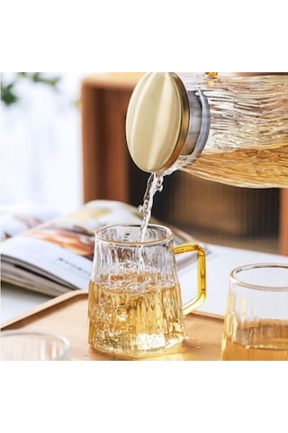 Qerhome Borosilikat Cam Sürahi Takım Elio 6 Bardaklı Gold 1800 Ml