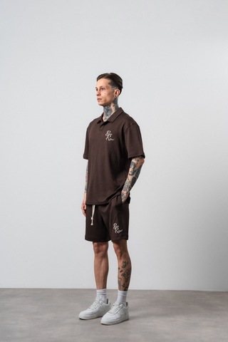 Erkek Respire Relined Yazılı Regular Fit T-shirt Şort Takım Kahve Kahverengi