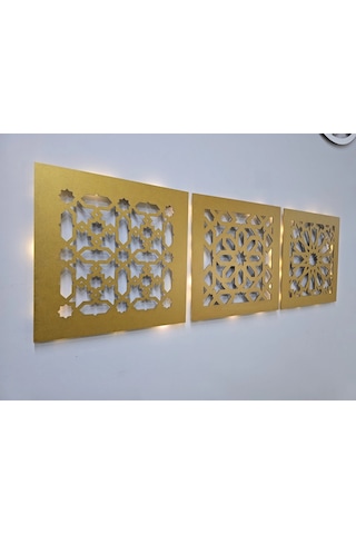 Led Işıklı Motif Tablo 3 Lü Set - 30x30cm Gold