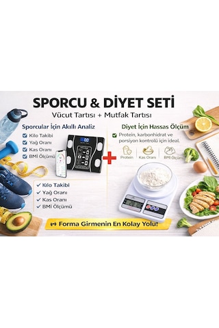 Akıllı Dijital Vücut Tartısı + Hassas Mutfak Tartısı Seti Lcd Ekran 180 Kg / 10 Kg Beyaz