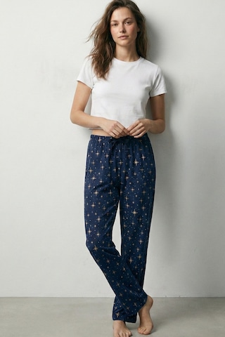 Elemge %100 Pamuk Desenli Kadın Pijama Altı Interlok Kumaş Rahat Kalıp İndigo Cepsiz Kurdele Yıldız Baskı