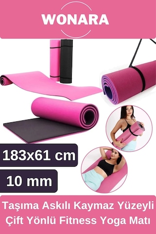 Pratik Taşıma Askılı Kaymaz Yüzeyli Çift Yönlü Fitness Yoga Matı Kamp Çadır Spor Minderi 183x61 Cm Pembe