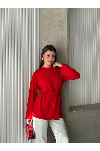 Trend Paris Bisiklet Yaka Yan Yırtmaçlı Bağcıklı Tunik Kırmızı
