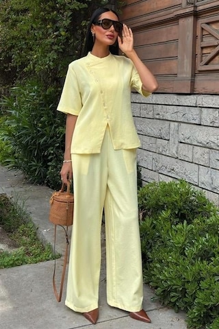 Sensuelle Hakim Yaka Çapraz Düğmeli Plazzo Pantolon Viscon Keten Takım 10209 Altın
