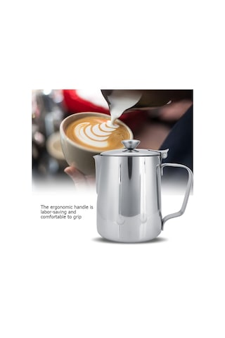 Konesam 350ml Paslanmaz Çelik Kapaçklı Kahve Sütü Köpürtme Kasesi - Dökmez Ağızlı, Ergonomik Kollü, Ev Ve Cafe İçin