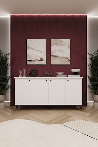 Asra Trend 4 Kapaklı Konsol KNSL01 %100 MDF Metal Ayaklı Çok Amaçlı Dolap Beyaz
