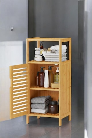 Digithome Bambu Tek Kapaklı 2 Raflı Çok Amaçlı Banyo Düzenleyici Organizer Dik Dolap Jw-23090 Kahverengi