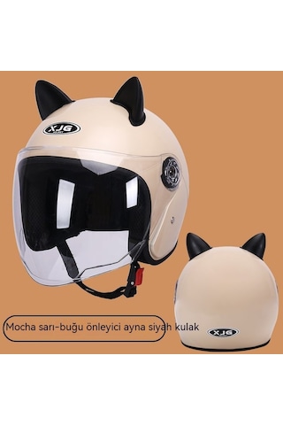 Yy Kahverengi Lens-SK5882 Açık Motosiklet Kaskı Haki Siyah Kedi Kulakları