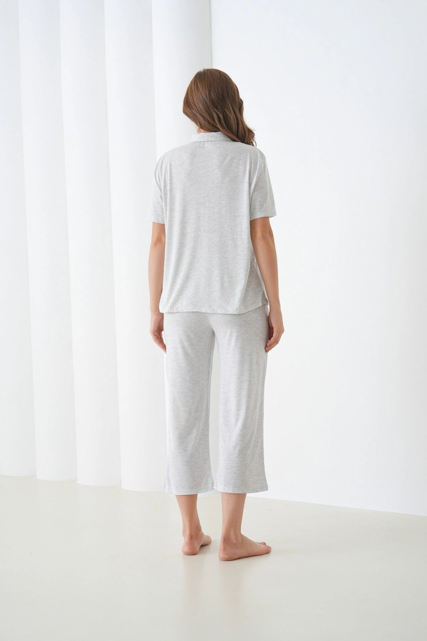 Kadın Pamuk Gömlek Kapri Şık Casual Curve Alt Üst Gecelik Takımı Antrasit