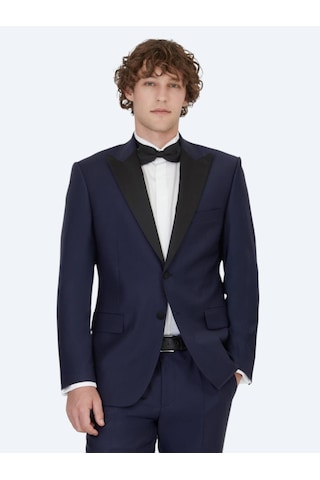 Saks Düz Slim Fit Kruvaze Yaka Dokuma Smokin Takım Elbise Saks
