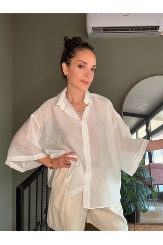 Ali Butik Beyaz Kısa Kollu Rahat Kalıp Dökümlü Gömlek
