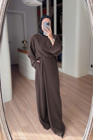 Ka Hijab Kruvaze Pantolonlu Salaş Takım - Kahverengi