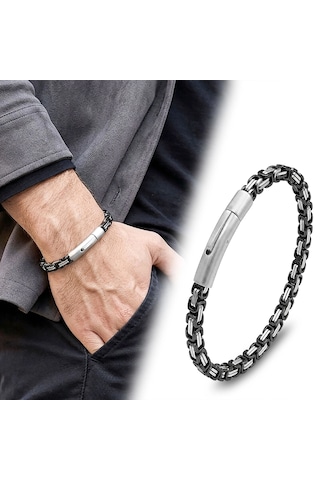 Moncuk Design Siyah&beyaz Tekli 4mm Kral Model Çelik Zincir Erkek Bileklik Çelik Kilitli 33515b2d1 Mat Siyah