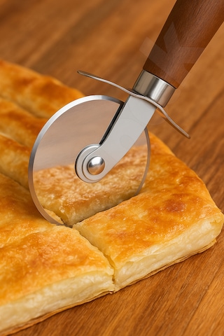 Akasya Saplı Pizza Kesici - Dekoratif Ve Pratik - Paslanmaz Çelik - Ekstra Keskin - Ahşap Saplı Açık Gri