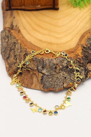 Sıra Taşlı Kelebek Kalp Anahtar Model Gold Renk 925 Ayar Gümüş Kadın Halhal 201025743 Altın
