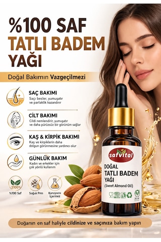 Safvital Tatlı Badem Yağı %100 Saf 20 Ml Saç Cilt Kaş Kirpik Besleyici Doğal Bakım Yağı Soğuk Pres