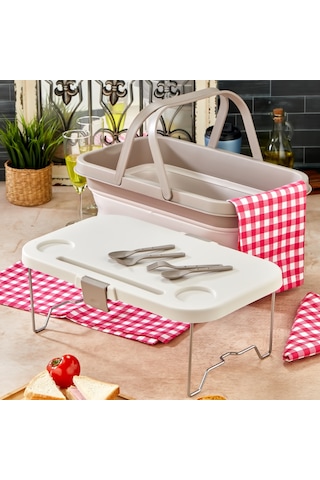 Bigmate Portatif Katlanır Piknik Seti 25lt Silikon Sepetli Masalı Piknik Sepeti Krem