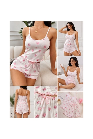 Selveta Çiçek Desenli Fitilli Askılı Şortlu Gecelik Pijama Takımı Çok Renkli