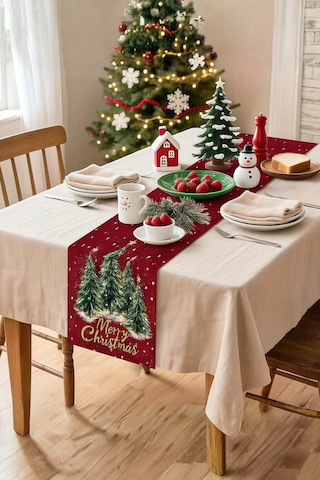 Yılbaşı Konseptli Runner Yılbaşı Dekorasyon Masa Örtüsü Noel Merry Christmas Kırmızı Örtü Kırmızı - 807138394 Kırmızı