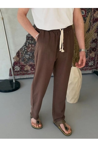 Defymoda Erkek İthal Yıkamalı Keten Pantolon Kahverengi