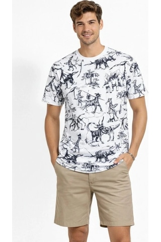 Freedom Storee Erkek Dinozor Dijıtal Ön Ve Arka Baskılı Tişört Bisiklet Yaka T-shirt - Beyaz Çok Renkli