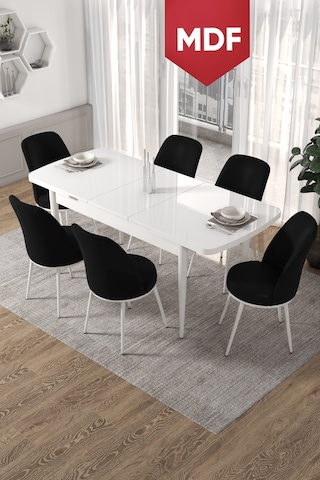 Canisa Concept Kor Serisi 70x114 Açılabilir Mutfak Masası Takımı Beyaz Masa 6 Siyah Sandalye Masalar Beyaz Sandalyeler Siyah