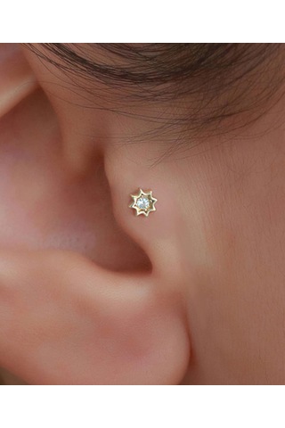 14 Ayar Altın Taşlı Yıldız Tragus Piercing Sarı Altın