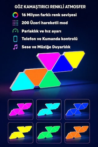 Triangle Rgbıc Üçgen Duvar Apliği Telefon Ve Kumanda Kontrollü Özelleştirilebilir 10 Parça Rgb-ıc