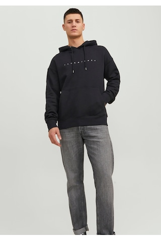 Jack & Jones Kabartma Baskılı Kapüşonlu Sweatshirt - Star 12233972 Black Koyu Siyah