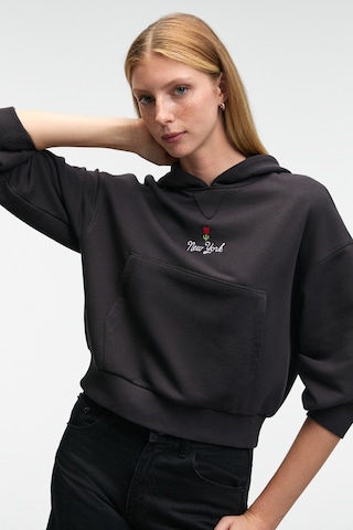 ETHIQUET ISADORA Kadın Kapüşonlu Nakış Detaylı Regular Fit Crop Antrasit Sweatshirt