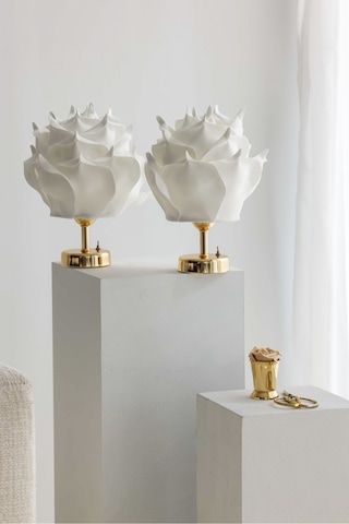 2'li Dekor Yapay Eva Gül Kablosuz Masa Lambası Üst Beyaz-alt Parlak Gold 9v Kare Pil 2 Adet
