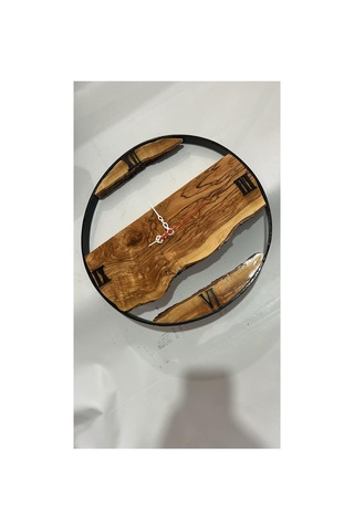 Doğal Zeytin Ağacı Duvar Saati - Siyah Metal Kasnaklı Artizan Tasarım - 38x38 Cm Dekoratif Saat Kahverengi