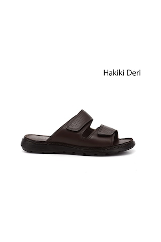 Gönderi(R) Gönderir Kahverengi Çift Cırtlı Hakiki Deri Comfort Terlik Kahverengi