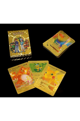 Pokemon Altın Kaplama Oyun Kartları 55'li Koleksiyon Kart Seti 9x6,5 Cm