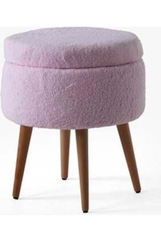 Teddy Ahşap Ayaklı Sandıklı Yuvarlak Puf Makyaj Masası Pufu - Dekoratif Ayak Uzatma Pufu Pembe