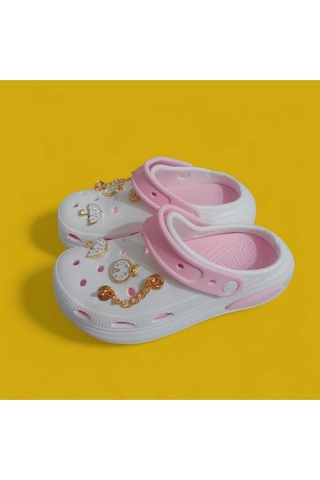 Twingo Taşlı Emojili Kadın Terlik , Sandalet Yüksek Taban Beyaz-pembe