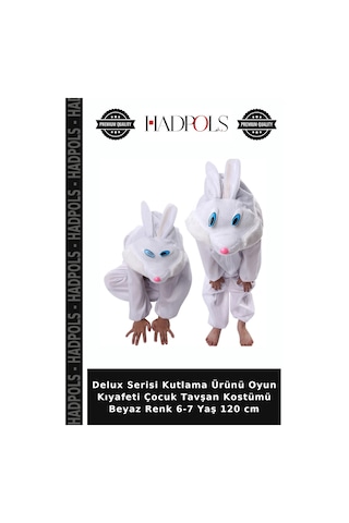 Hadpols Delux Serisi Kutlama Ürünü Oyun Kıyafeti Çocuk Tavşan Kostümü Beyaz Renk 6-7 Yaş 120 Cm Çok Renkli