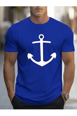 Büyük Çapa T-shirt - Sax Mavi Baskılı Oversize Bisiklet Yaka Kısa Kol Tişört Sax Mavi