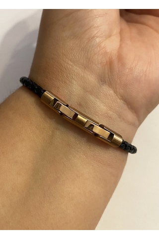 Erkek Rose Renk Detay Örgü Model Deri Bileklik Rose Gold