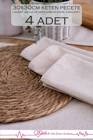 4 Adet %100 Ham Keten Peçete 30x30cm, Amerikan Sunum Peçetesi, Organik Keten Dekoratif Peçete Bej