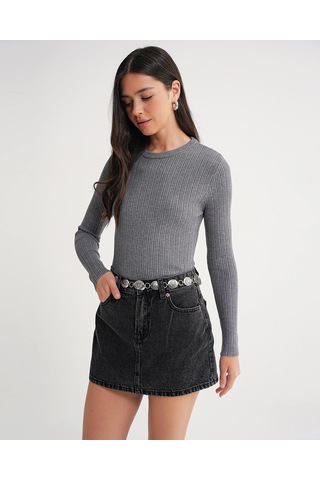 Mixray 6938 Kadın Bisiklet Yaka Fitilli Triko Body Gri