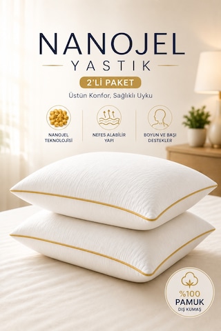2 Adet Gold Detaylı Gold Rengi Biyeli 1100 Gram Lüks Otel Yastığı Beyaz