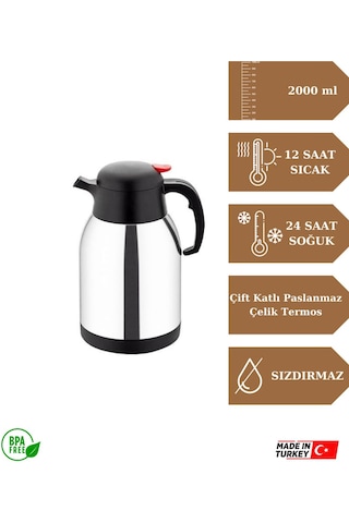 2 Litre Çift Kat Paslanmaz Çelik Termos Piknik Kamp Outdoor Ofis Otel Kafe Okul İnox