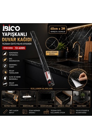 İbico İ13-079 Siyah Mermer Desenli Tezgah Üstü Folyo Sticker 3m X 60cm