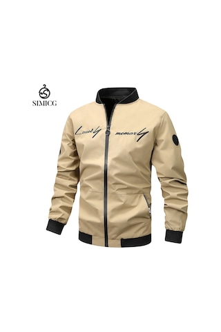 Erkekler İçin Bol Dik Yaka İşlemeli Beyzbol Ceketi Haki