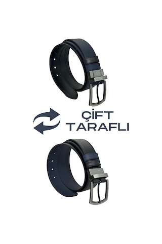 Süzer Deri Lacivert / Siyah Çift Taraflı Suni Deri 4 Cm. Genişlik Dönerli Tokalı Spor Erkek Kemer // 7110-47 Lacivert