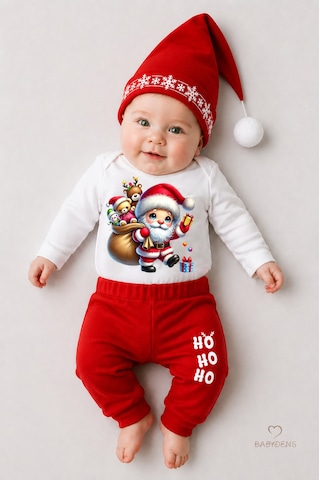 Babyden's Bebek Yılbaşı Noel Kıyafeti 3 Lü Set ,santa Baskılı Uzun Kollu Body, Kırmızı Pantolon,şapka Unisex Kırmızı - Beyaz