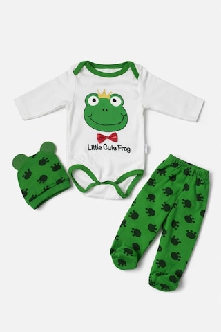 Kurbağa Desenli Erkek Bebek 3 Lü Takım Uzun Kollu Çıtçıtlı Body, Patikli Pantolon Ve Şapka Set Yeşil