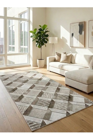 Krem Bej Modern Yıkanabilir Kabartmalı Kaymaz Taban Kesme Halı Yolluk